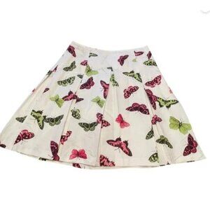TALBOTS Knee Length Pleated Flare Skirt White Butterfly Print SZ 12 Pink Bright